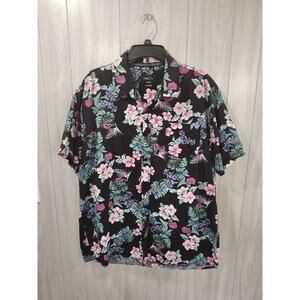 Hawaiian Short Sleeve Shirt Mens XXL Button Down Black Hibiscus Flowers Beach